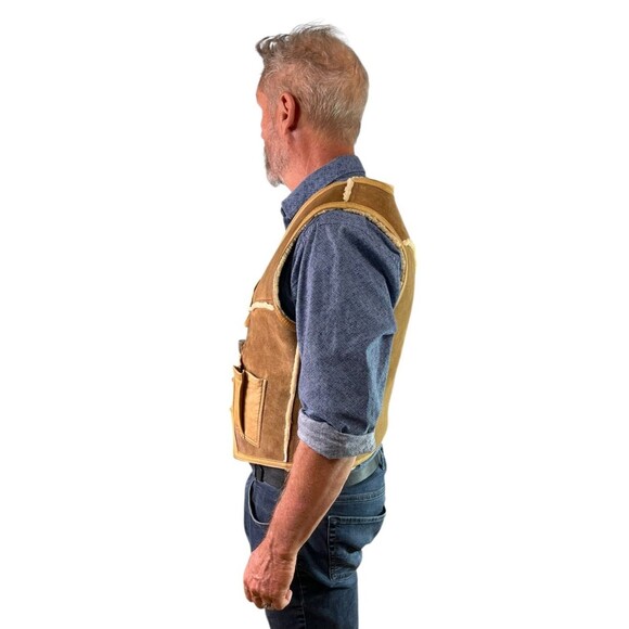 Vintage 1970's Suede Shearling Men's Vest Leather Trim Horn Toggle Buttons M - Picture 4 of 8